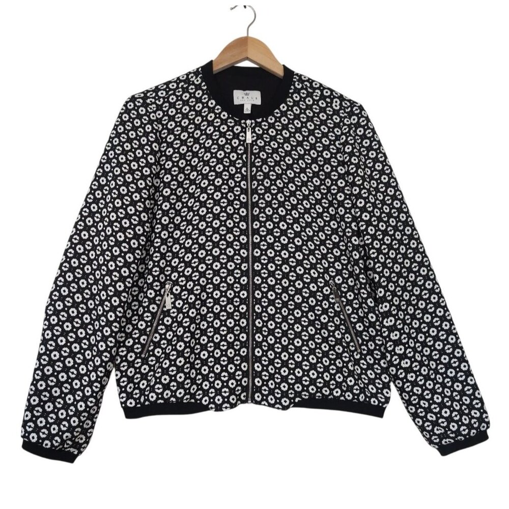 Chaus NY Bomber Jacket Womens L Black White Full Zip Lined City‎ Chic Travel
